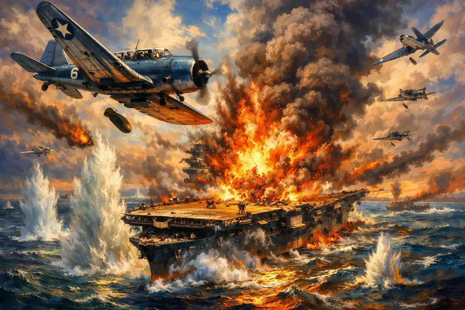 Sturzkampfbomber greifen einen brennenden japanischen Flugzeugträger an