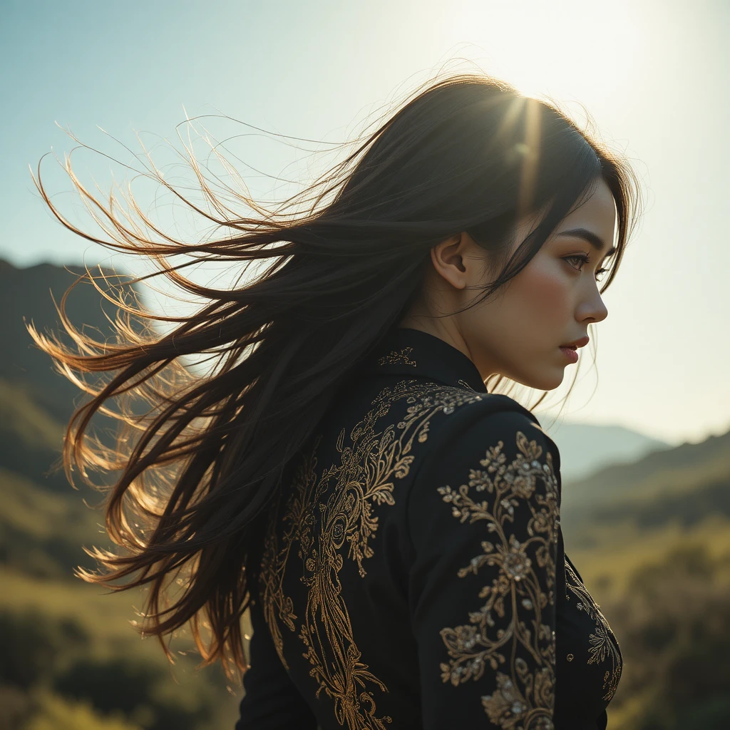 Femme élégante en manteau orné avec lumière de contour au soleil