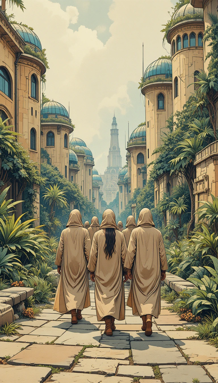 Hooded figures walking through a lush futuristic city
