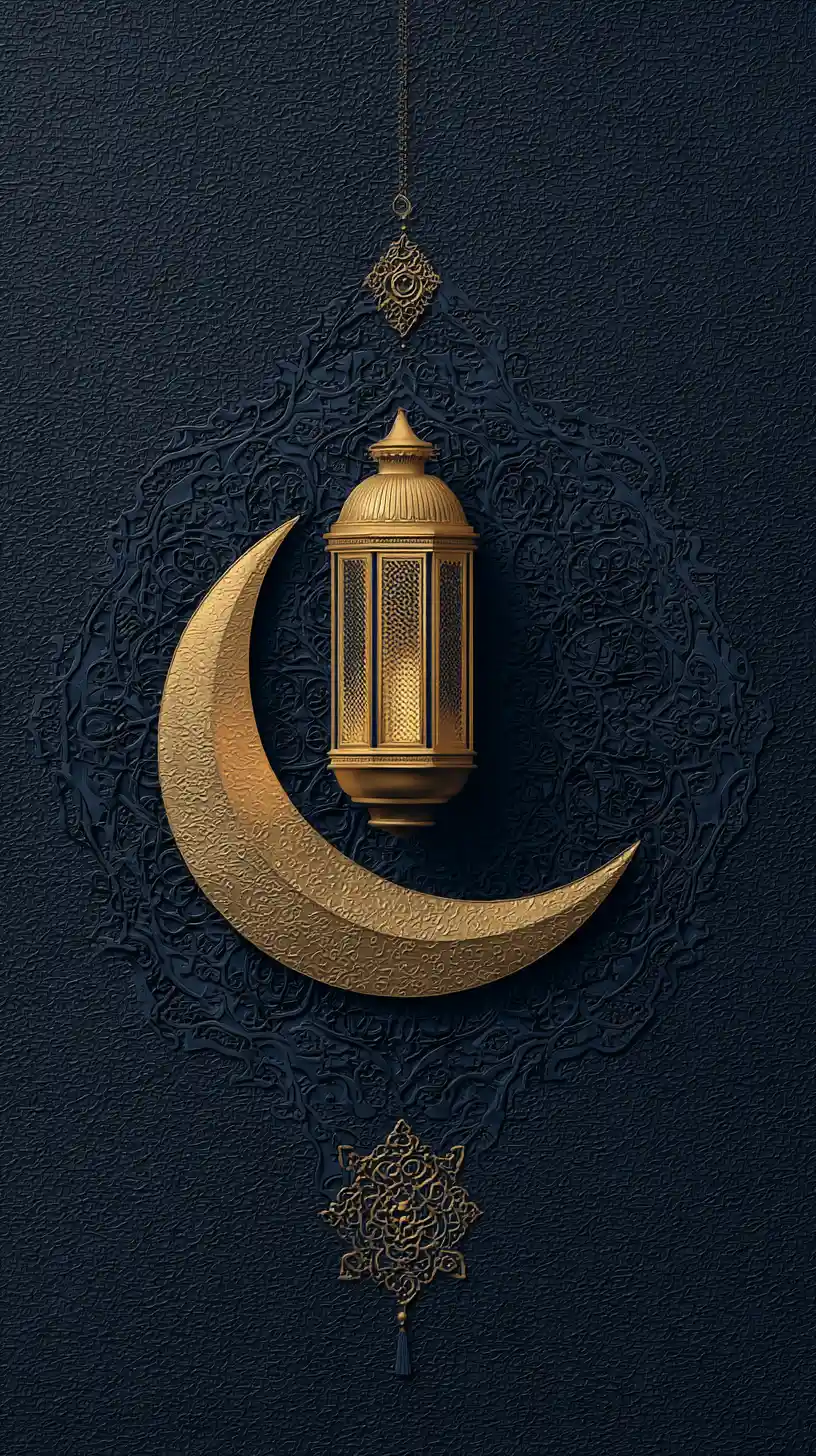 Golden crescent moon and lantern on navy velvet background