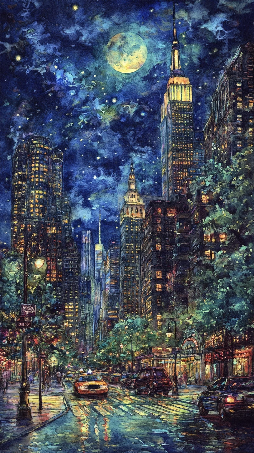 Watercolor city street in New York glowing at night