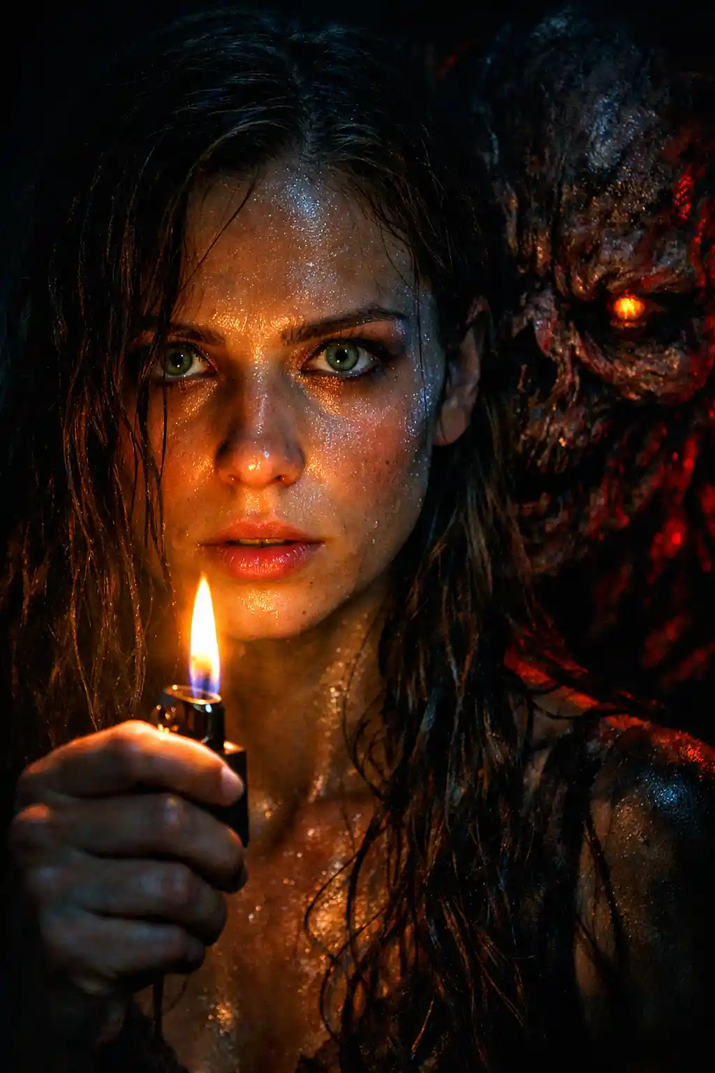 Tense woman lit by lighter flame with creature behind