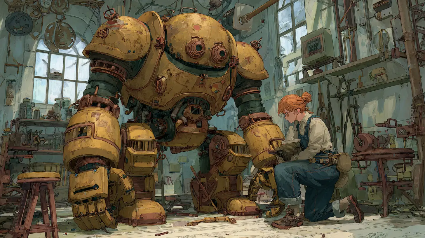 Steampunk robot and lab assistant in cluttered inventor workshop