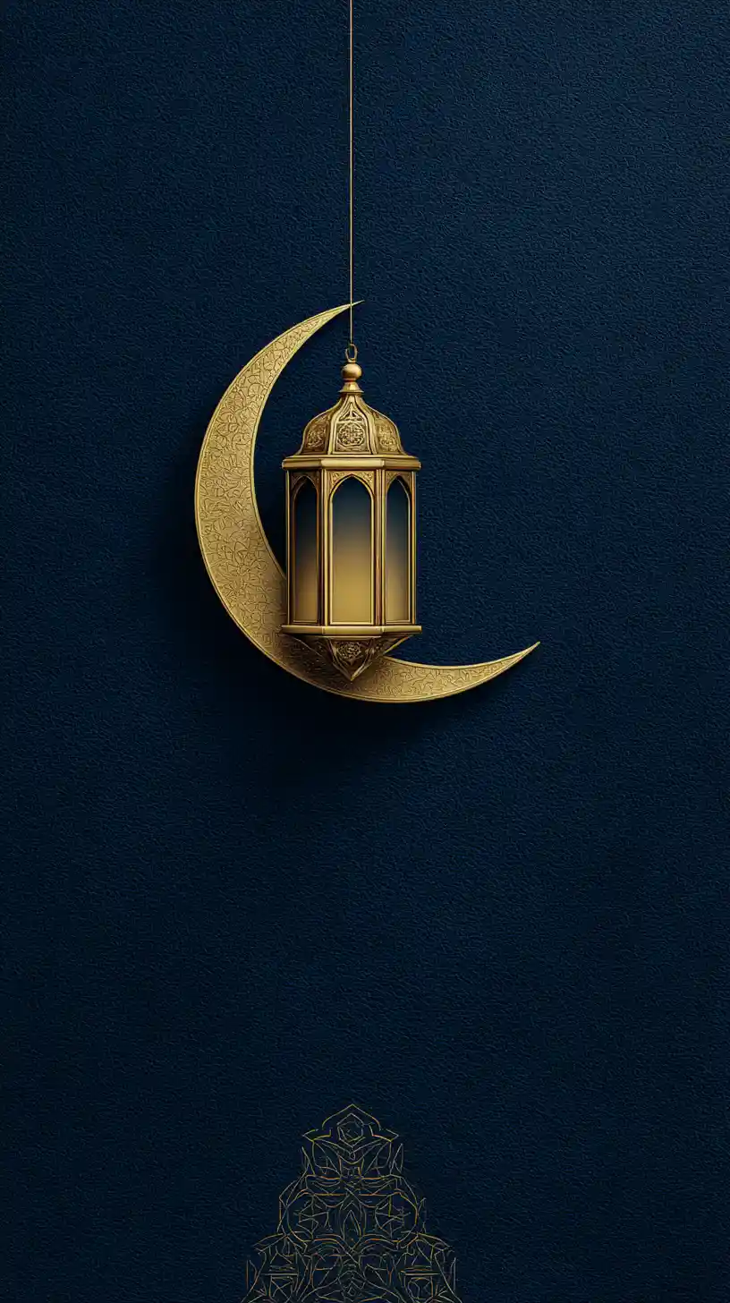 Golden crescent moon and lantern on navy velvet background