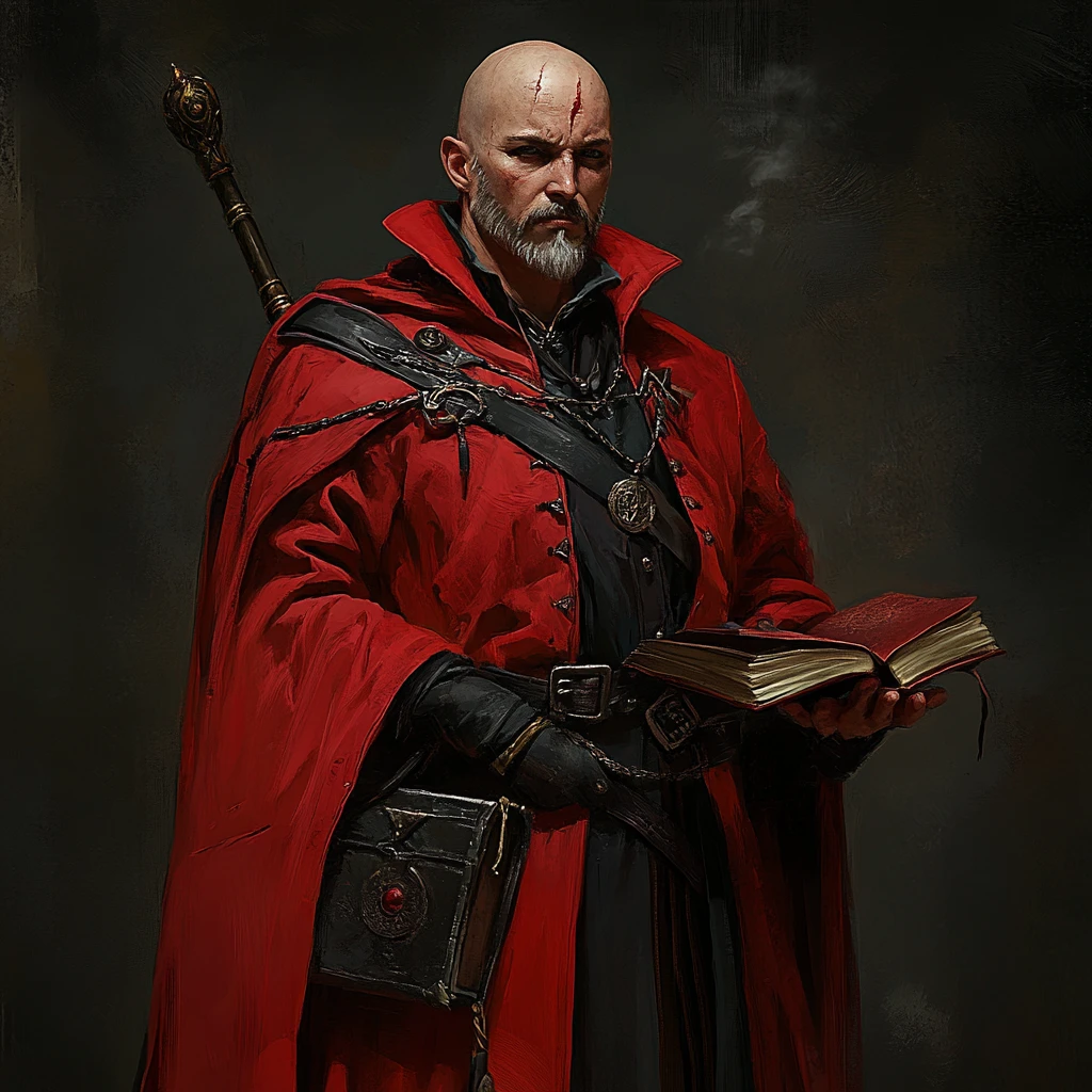 Bald scarred wizard in red robes holding a magic staff