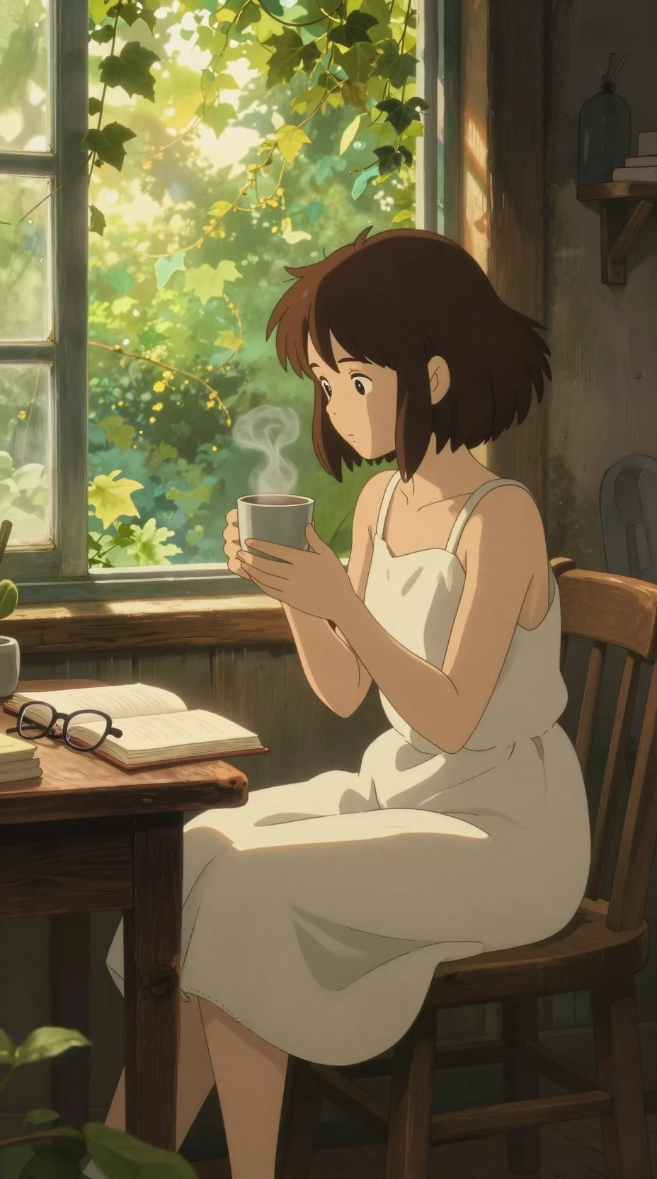 Girl relaxing with a warm drink in a cozy reading nook