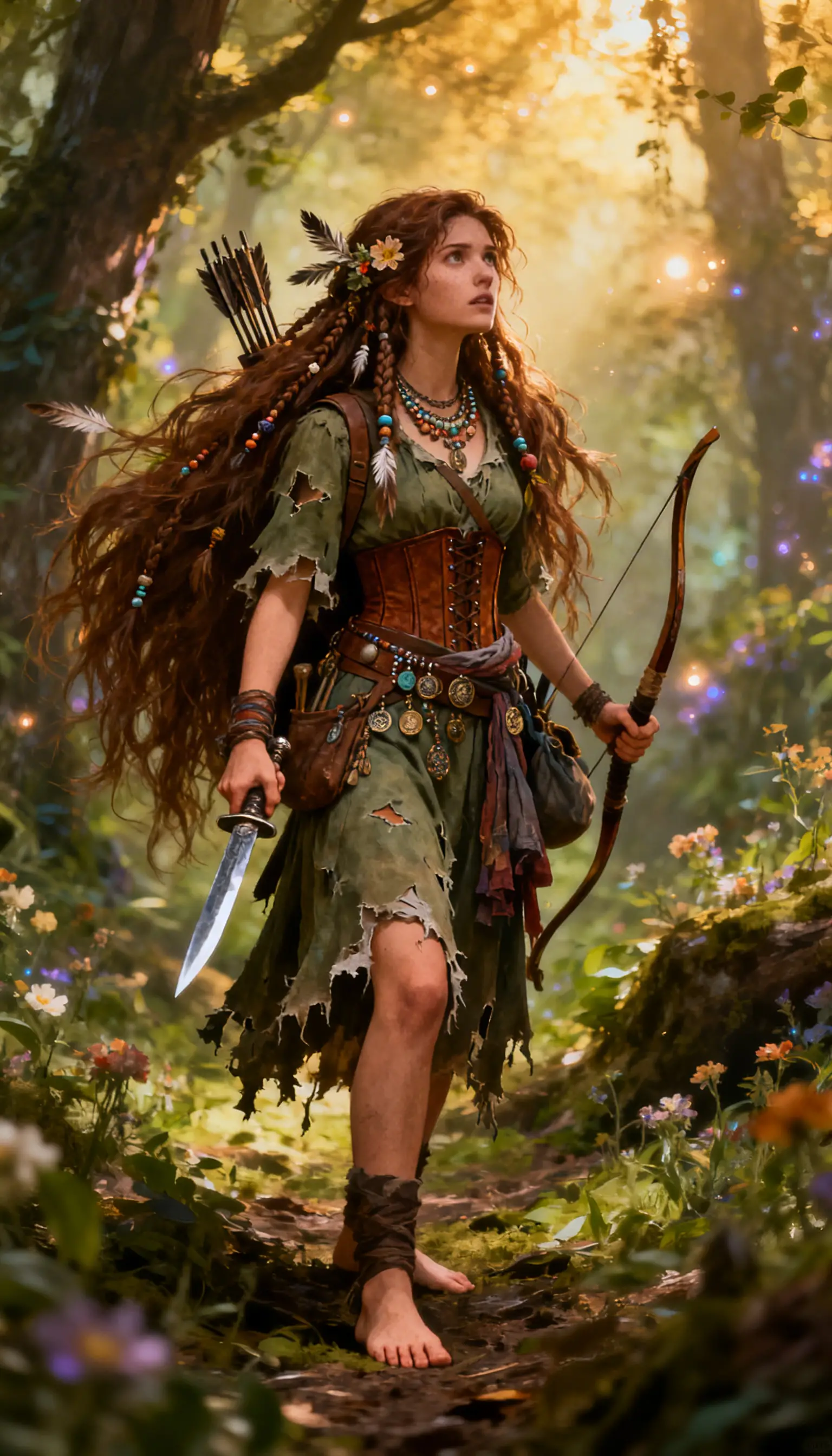 Wild forest huntress with bow dagger and tangled hair