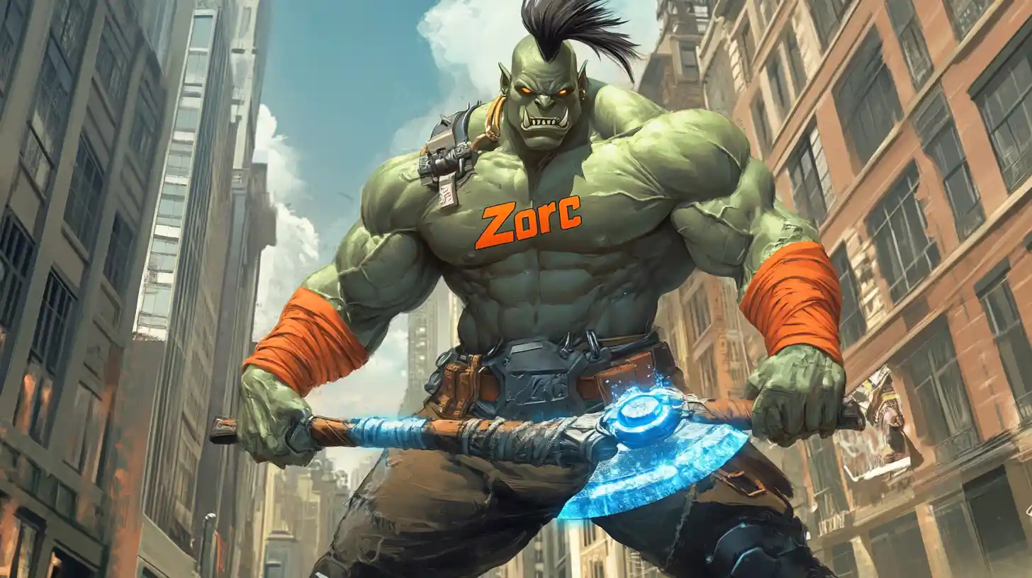 Muscular orc superhero posing on a city rooftop at night