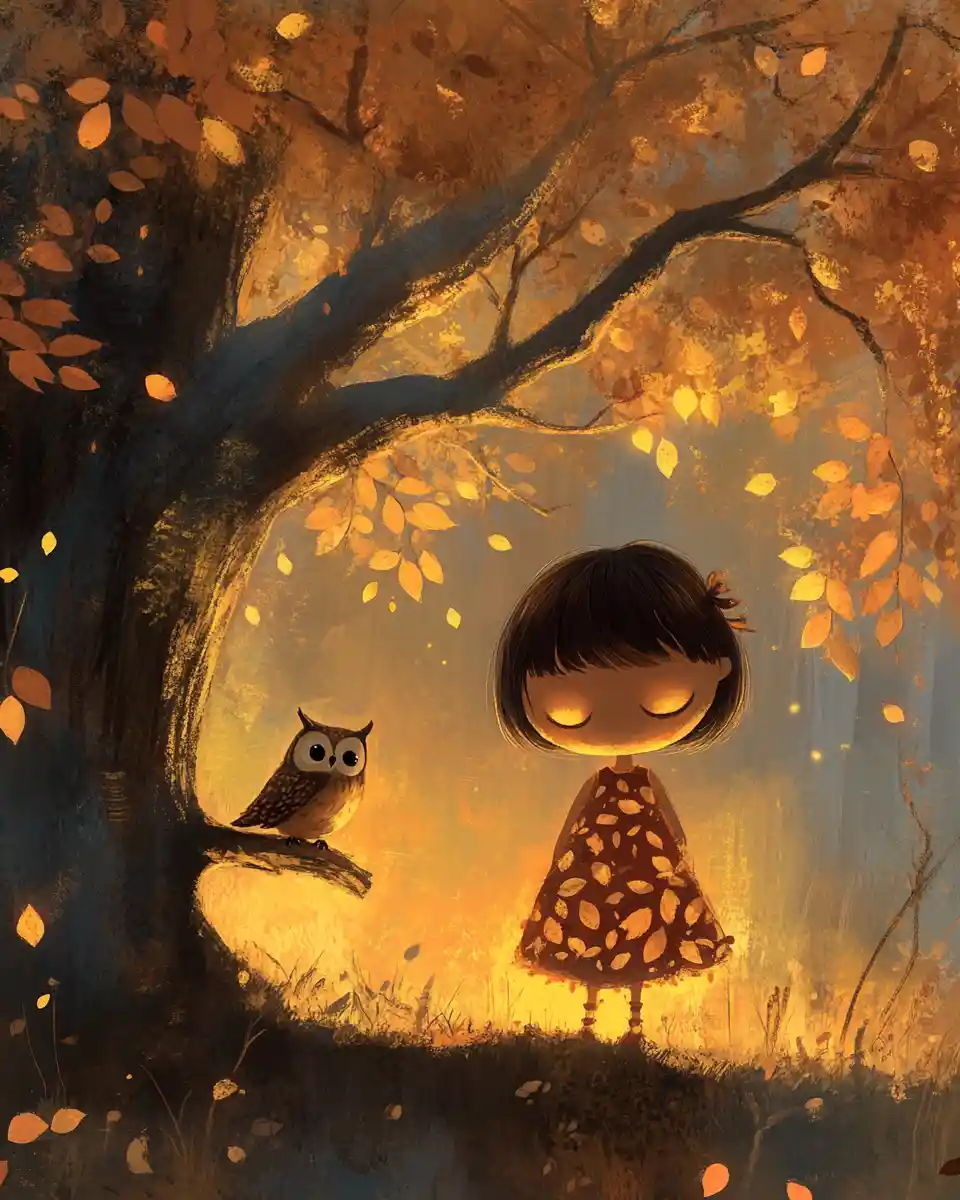 Autumn fairy child under an old oak at dusk