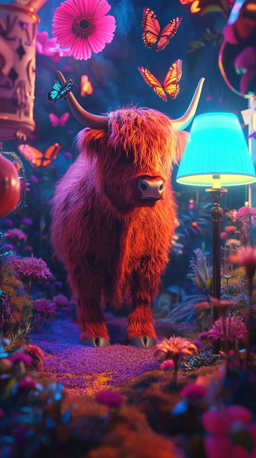 Scottish Highland cow on surreal op art floor