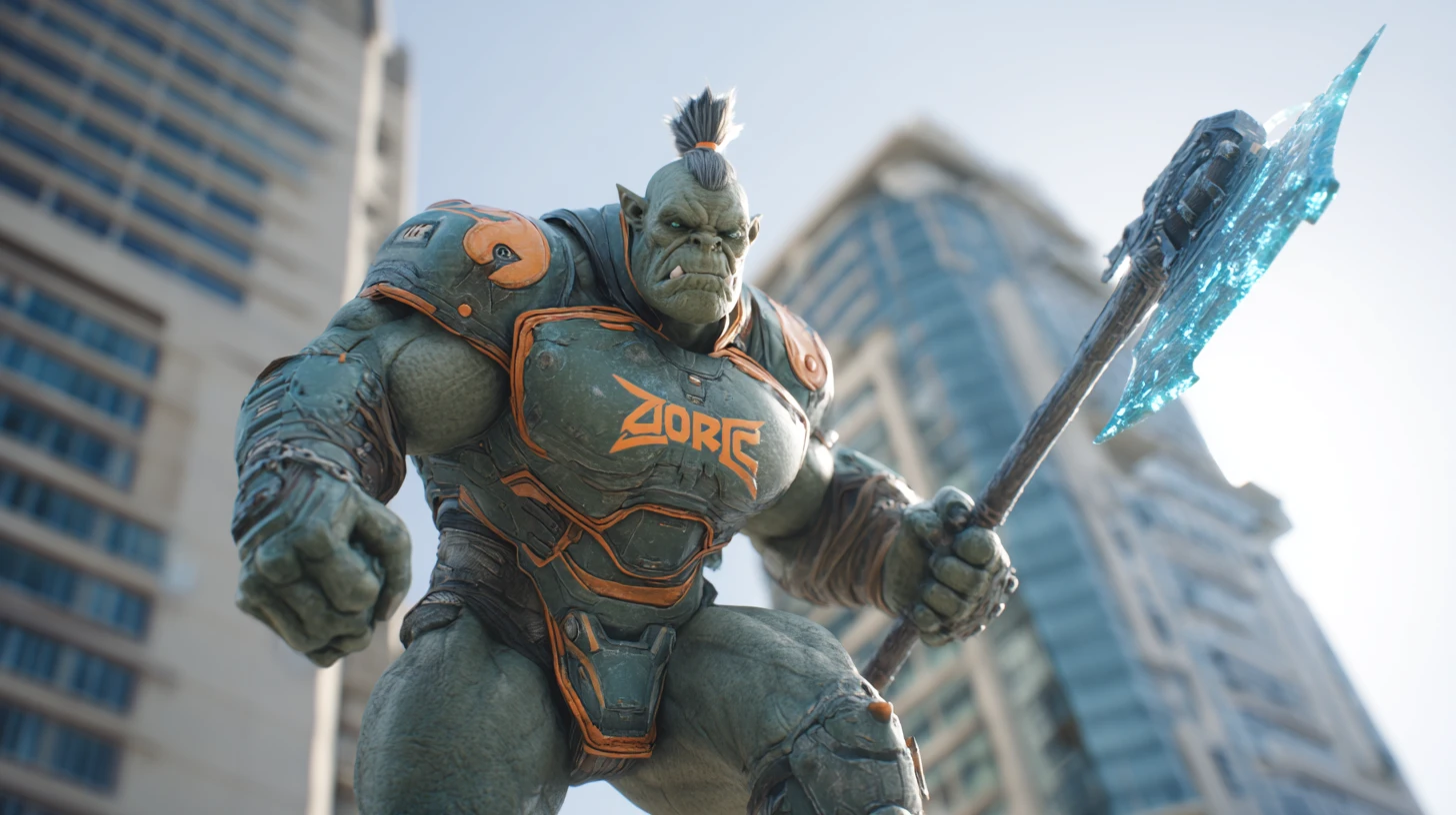 Heroic orc superhero posing on a city rooftop