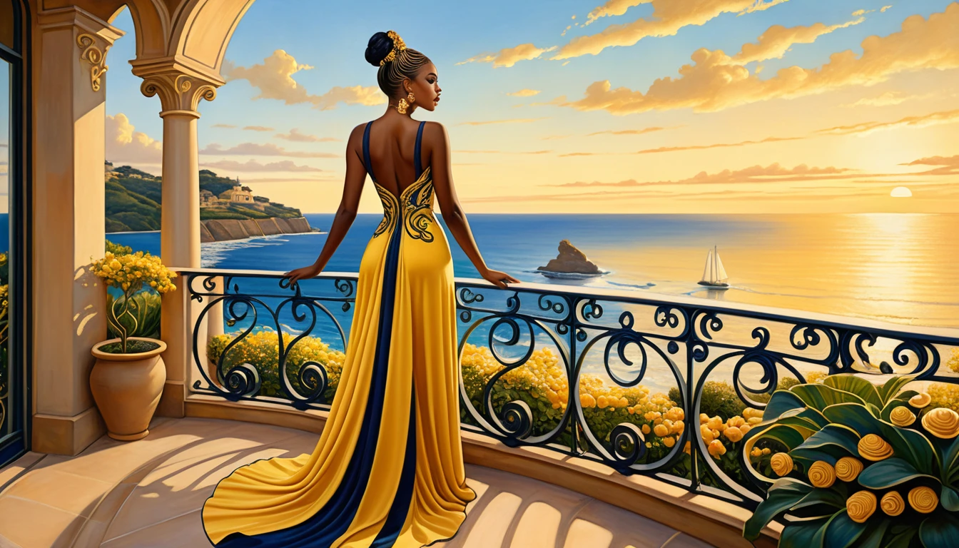 Surreal art nouveau woman on balcony at ocean sunset