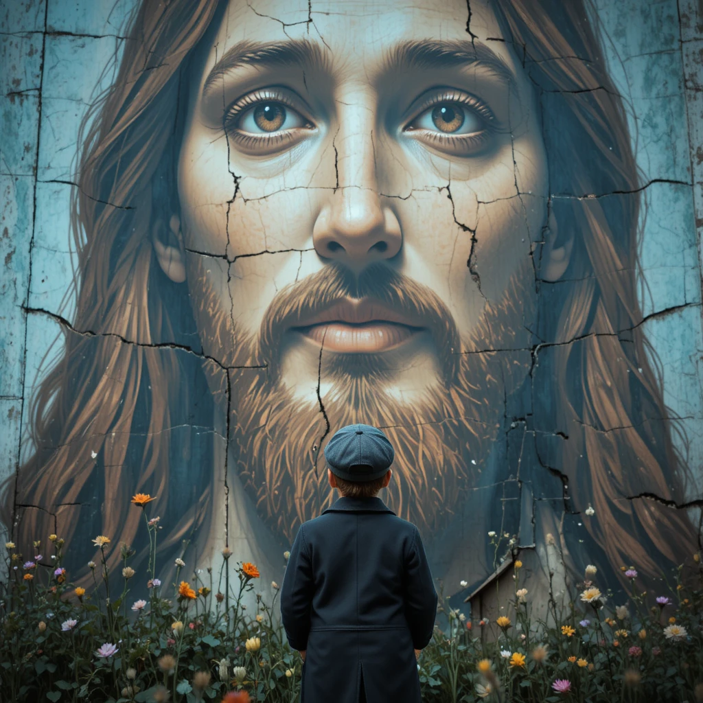 Niño pequeño mirando hacia un mural desgastado de Jesús