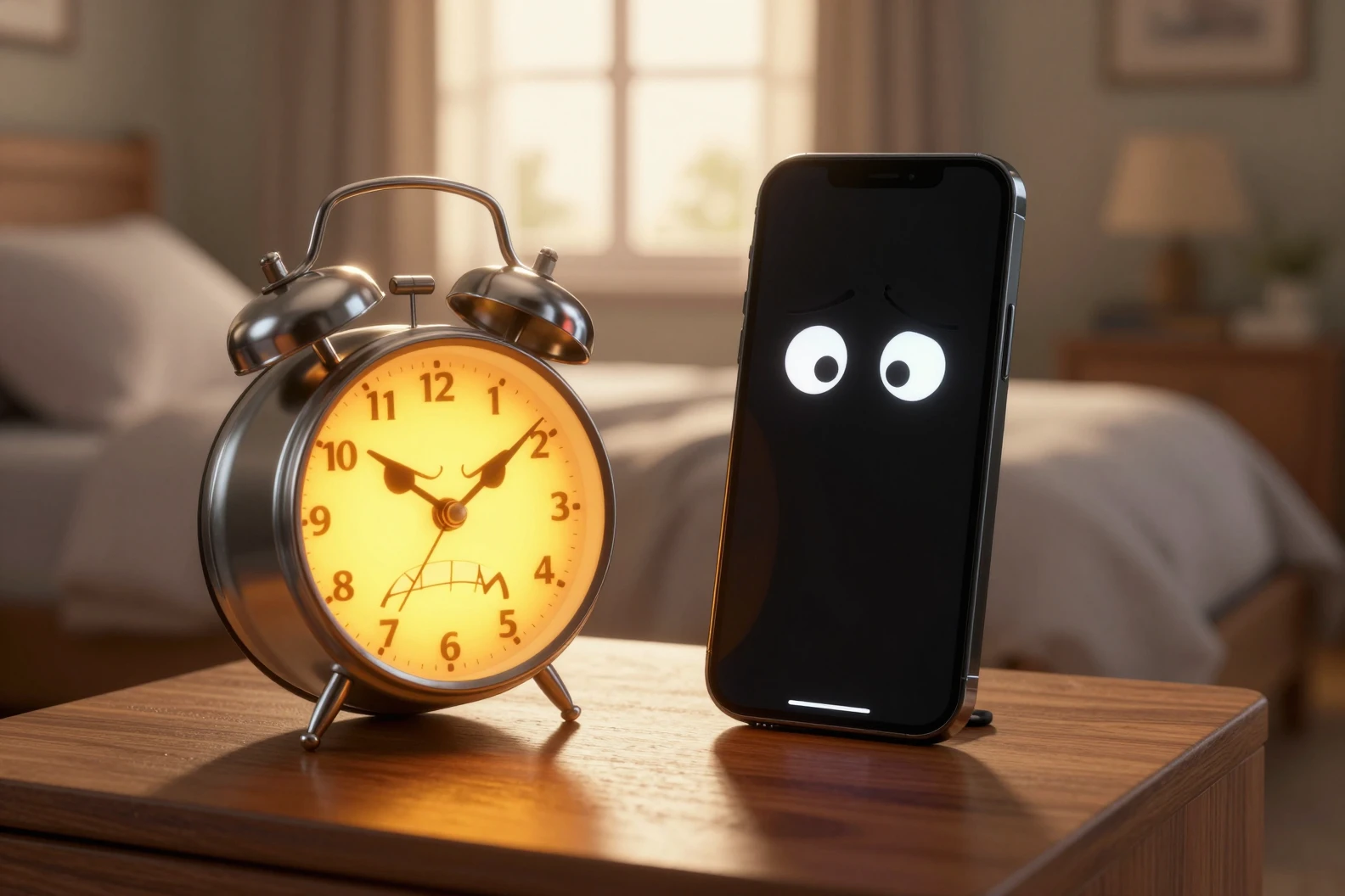 Wütender Wecker stellt sich bei Sonnenaufgang einem besorgten Smartphone