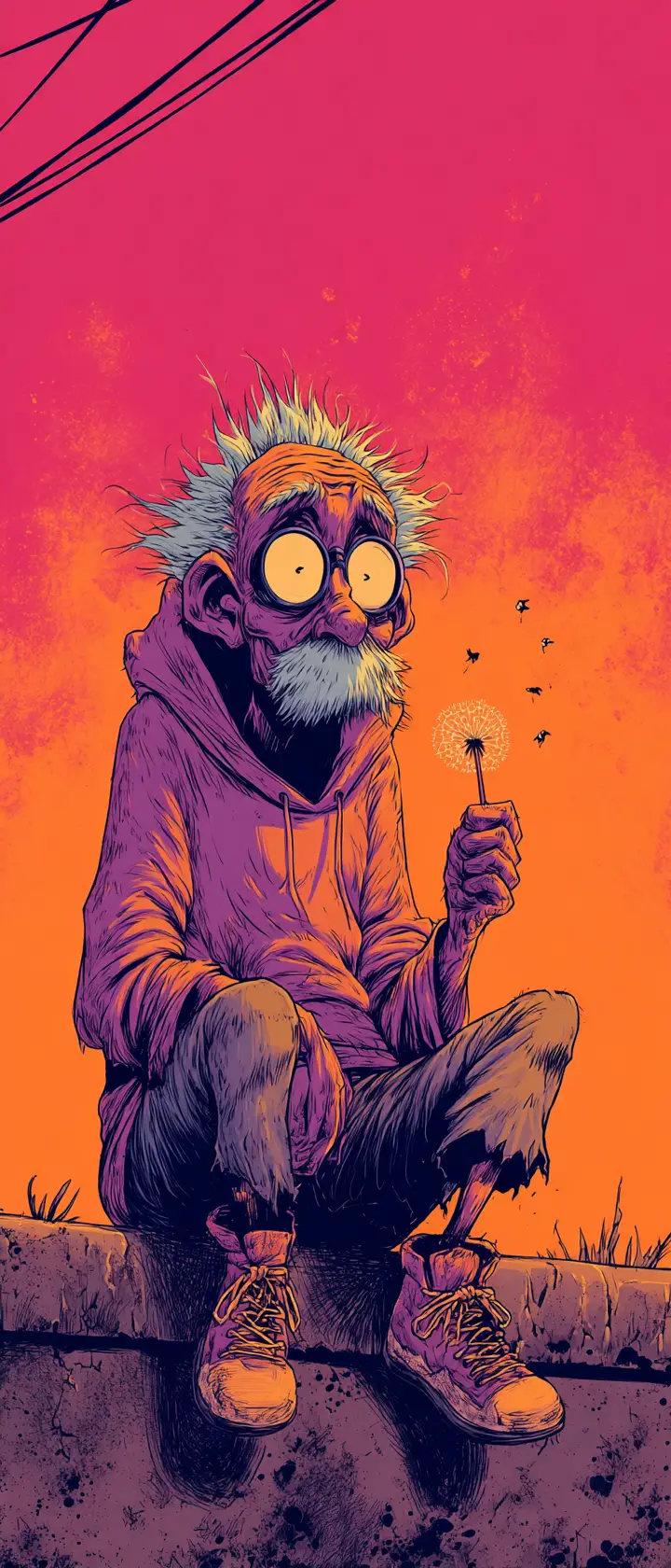 Chibi old man on curb at sunset with wilted dandelion