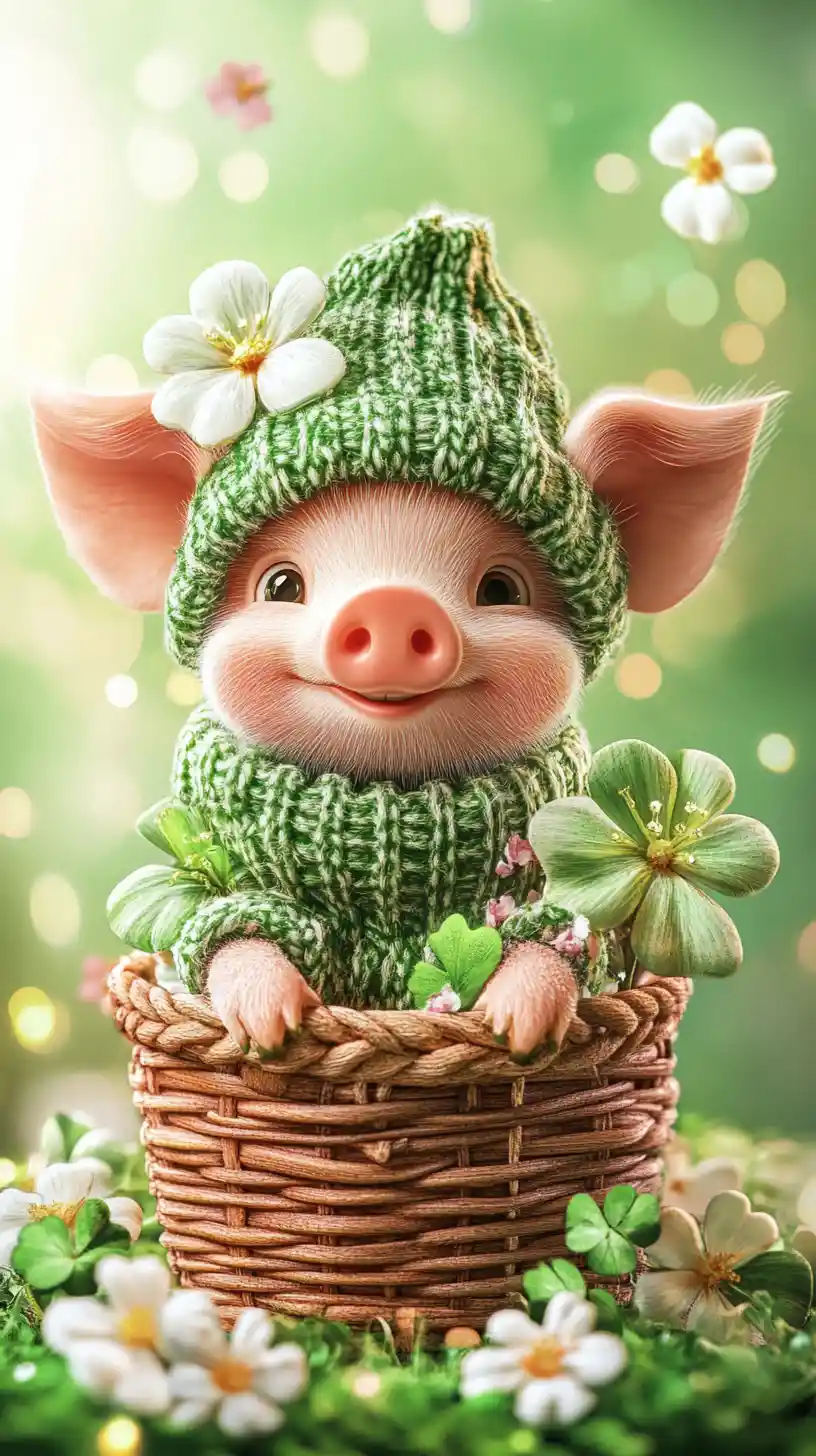 Playful piglet in basket with flowers and clovers