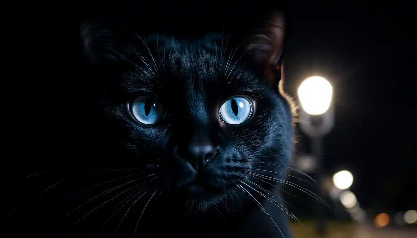 Black cat close up with vivid blue eyes at night