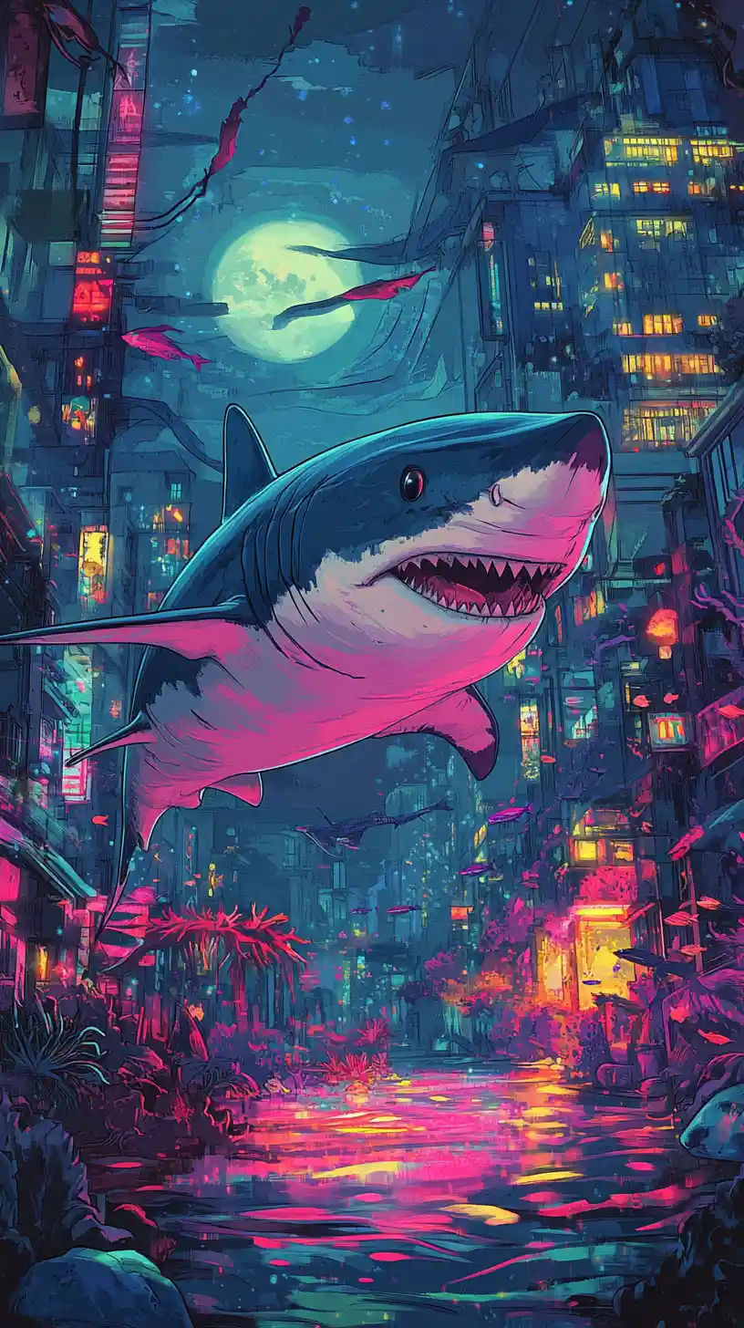 Neon shark gliding through a vibrant underwater city