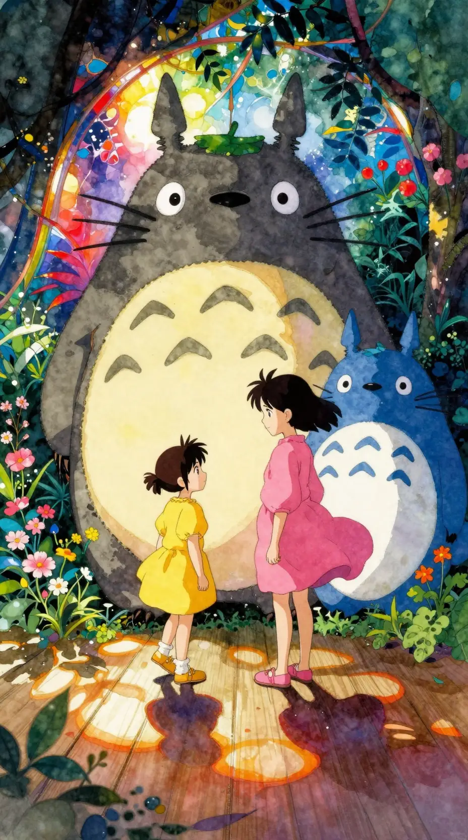 Watercolor girls meeting forest spirits in glowing tunnel