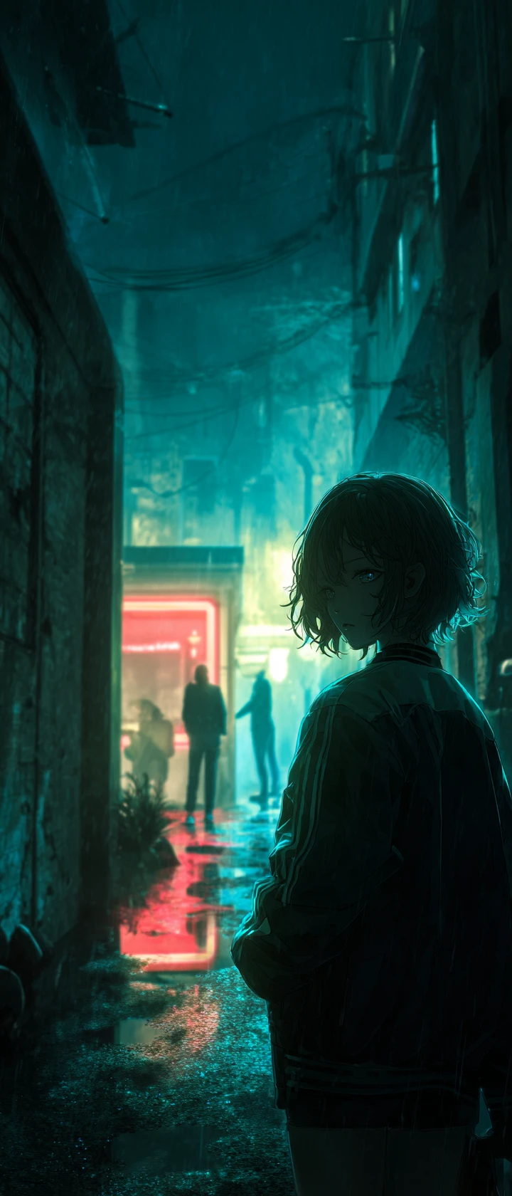 ネオンに照らされた真夜中の路地を一人で歩くアニメ少女