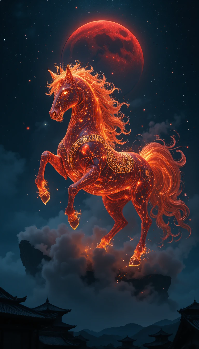 Celestial fire horse rising in a cosmic night sky