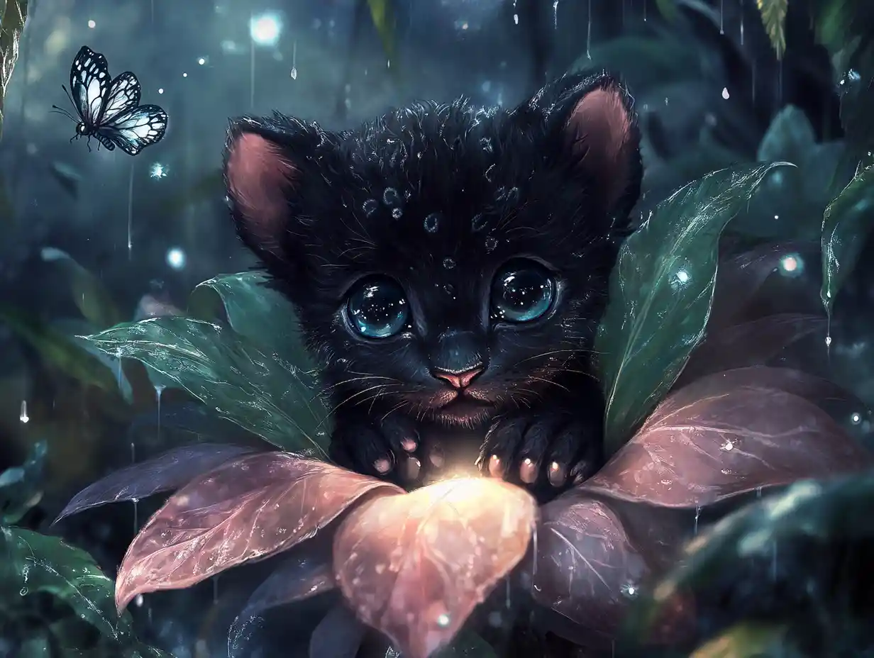 Baby panther cub in glowing enchanted flower at night