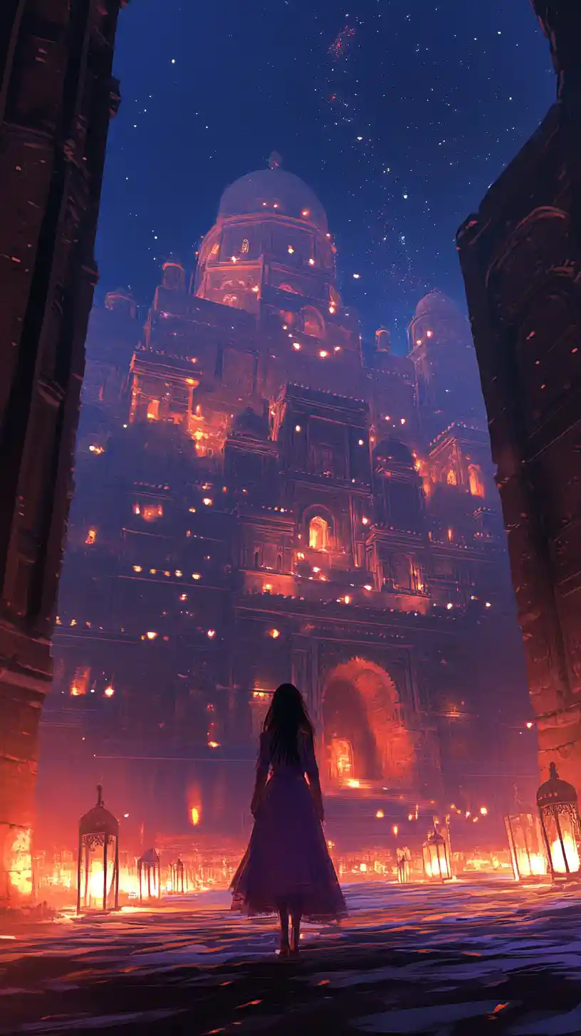 Anime girl before a desert palace under starry night