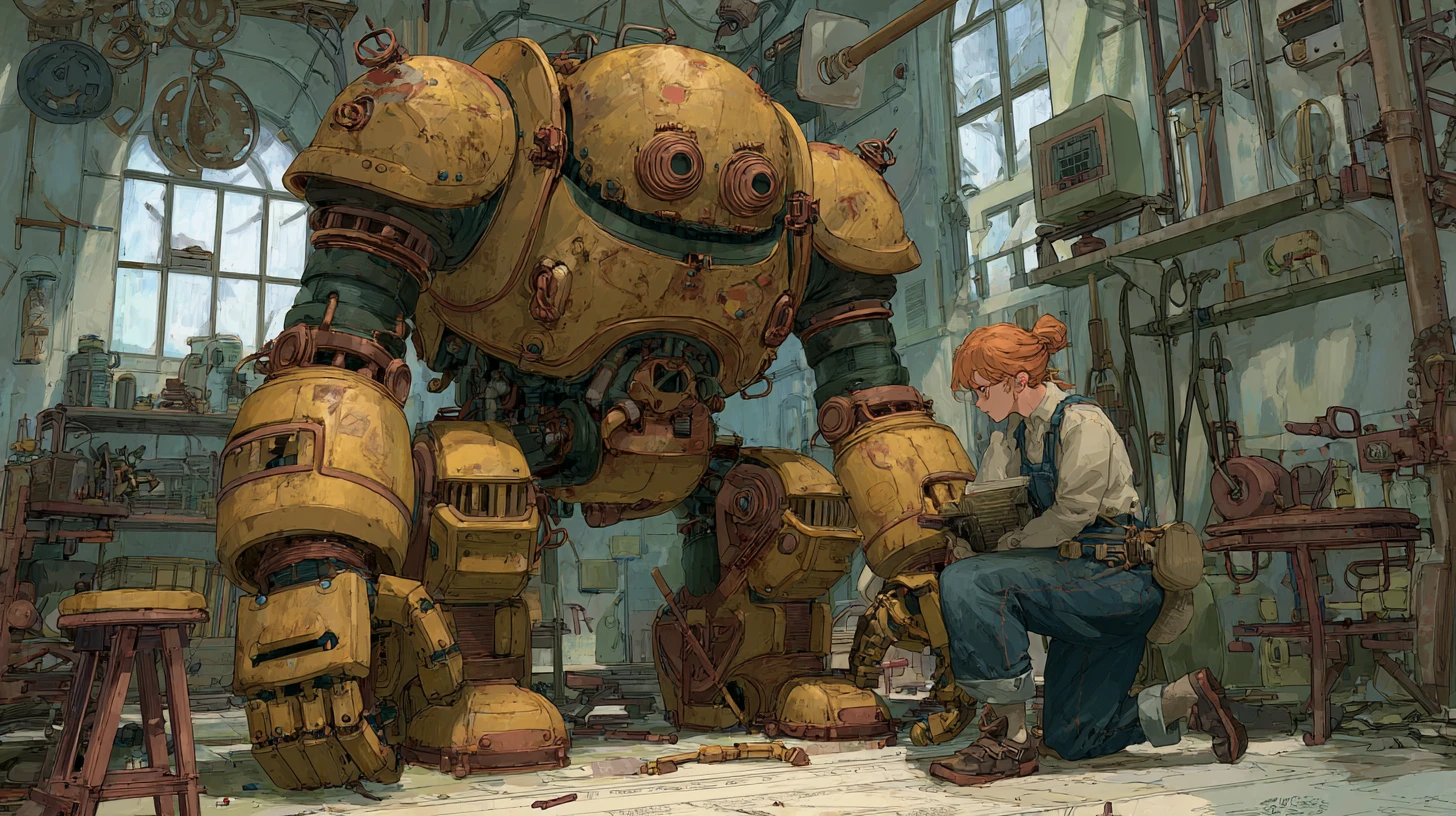 Steampunk robot and lab assistant in cluttered inventor workshop
