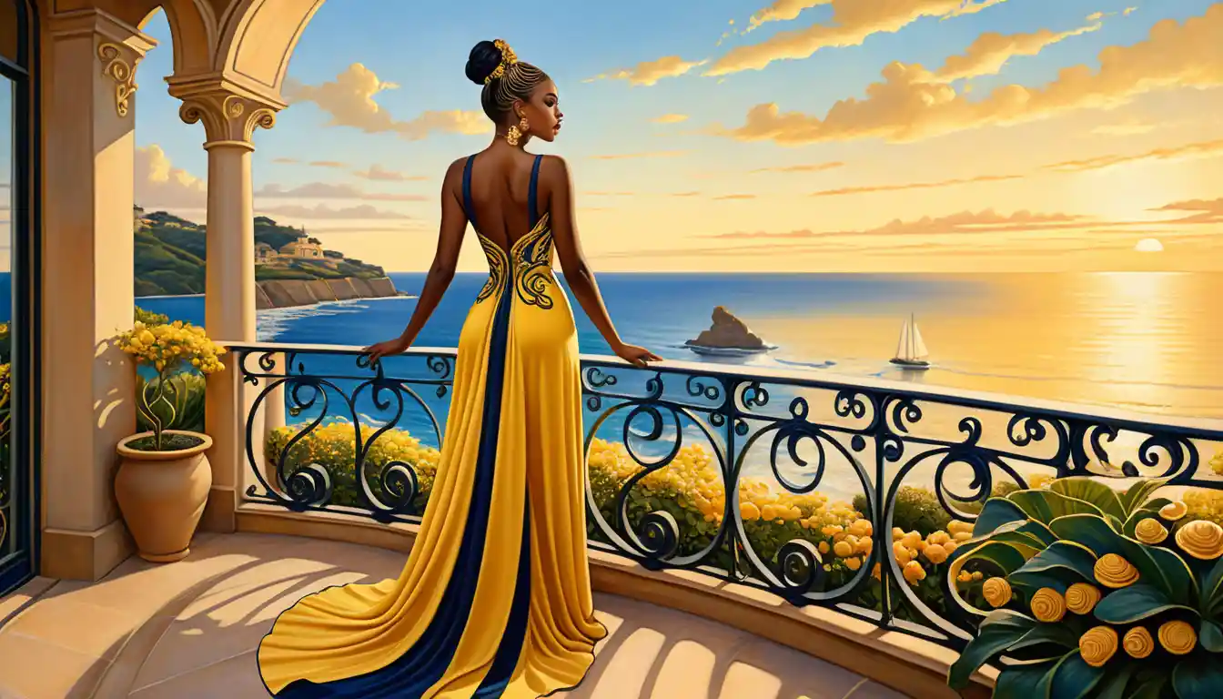 Surreal art nouveau woman on balcony at ocean sunset