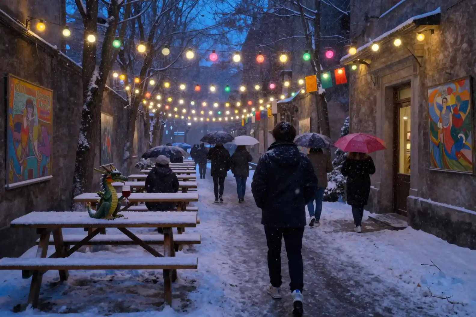 Small dragon drinking wine under colorful winter string lights