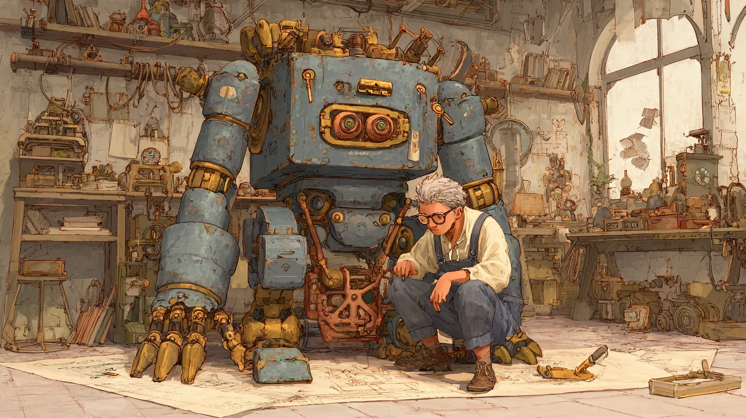 Steampunk robot and mechanic in a cluttered inventor workshop