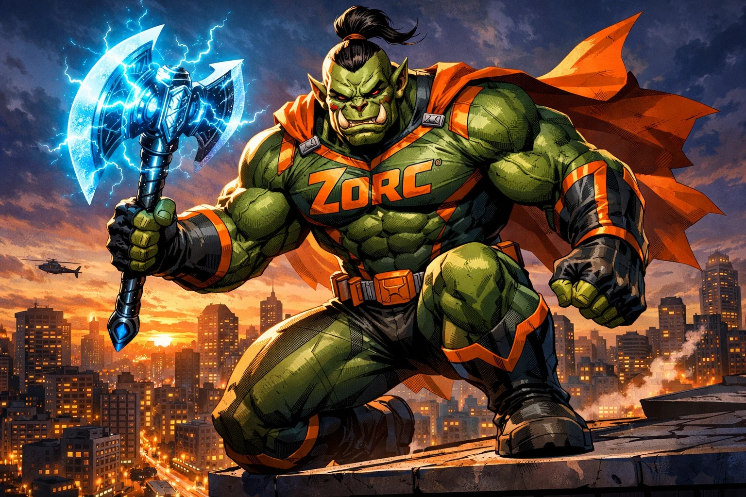 Superhero orc in olive power suit on city rooftop