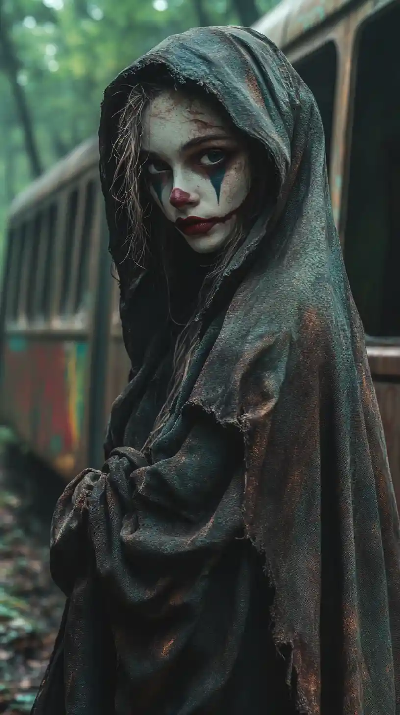 Young woman in tattered hood before abandoned train carriage