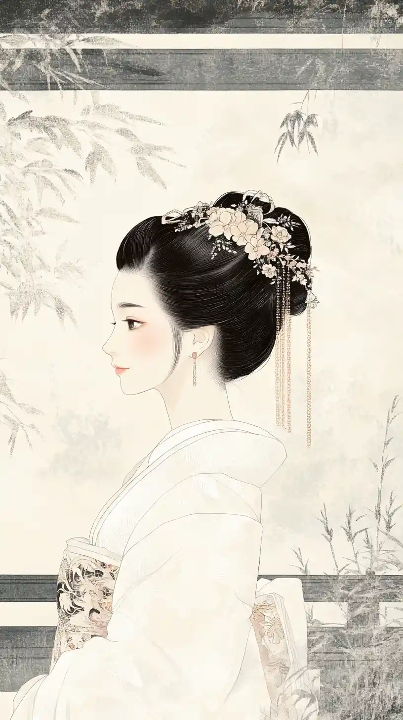 Serene tattooed woman in white kimono in Japanese print style