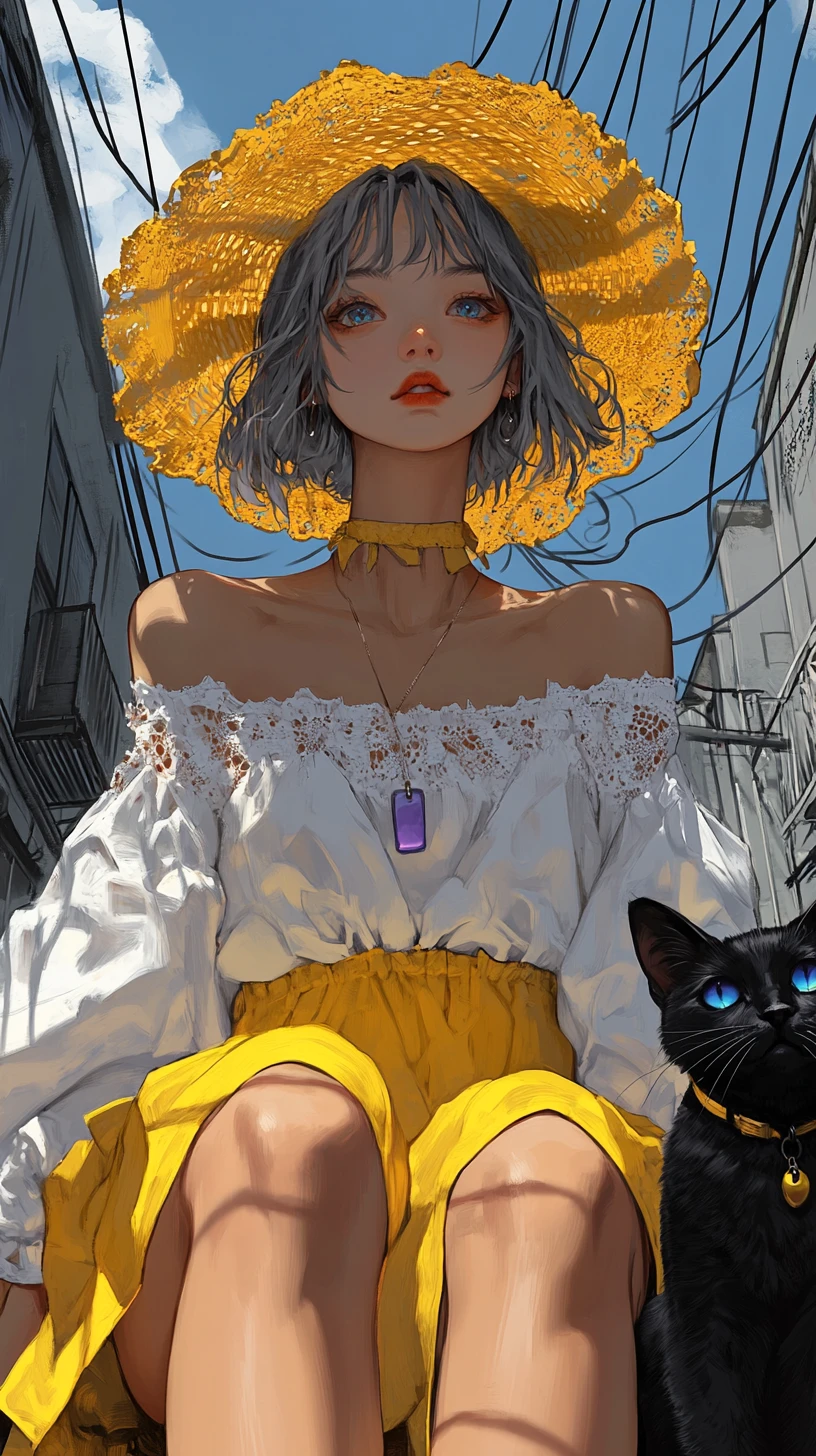 Joven de amarillo con gato en ciudad monocromática