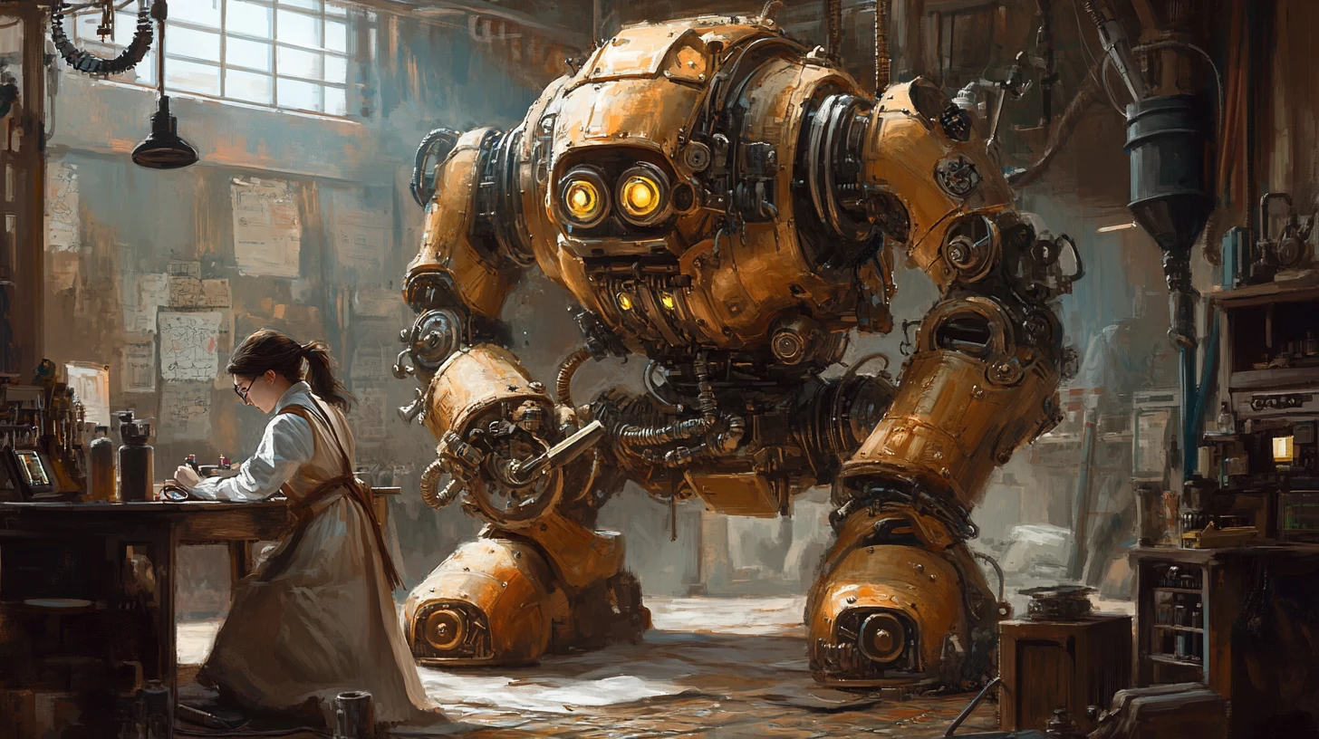 Steampunk robot and mechanic in a cluttered inventor workshop