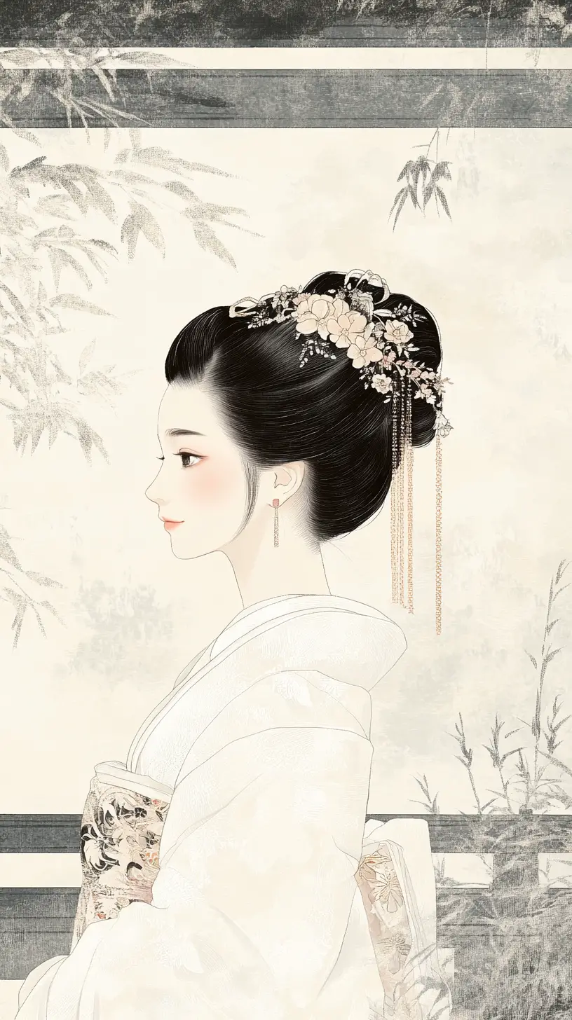 Serene tattooed woman in white kimono in Japanese print style