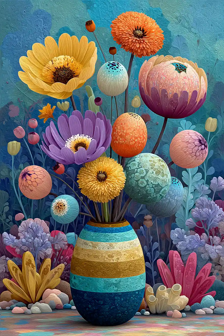 Striped vase of easter egg flowers in a spring garden