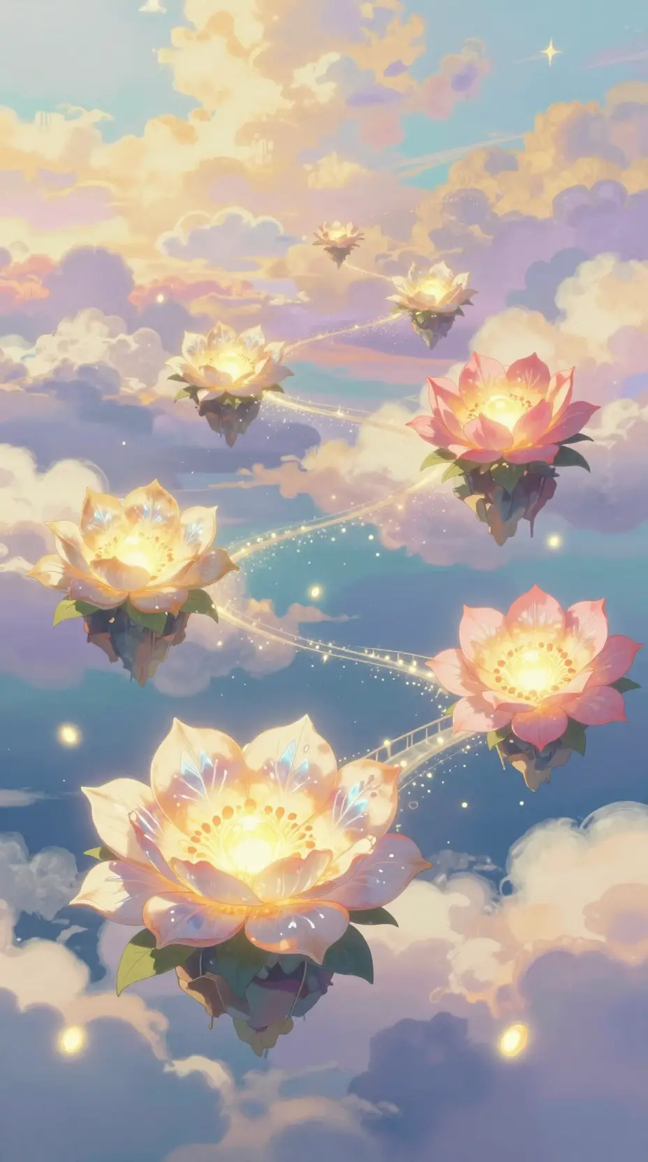 Floating Flower Islands In A Glowing Fantasy Sky