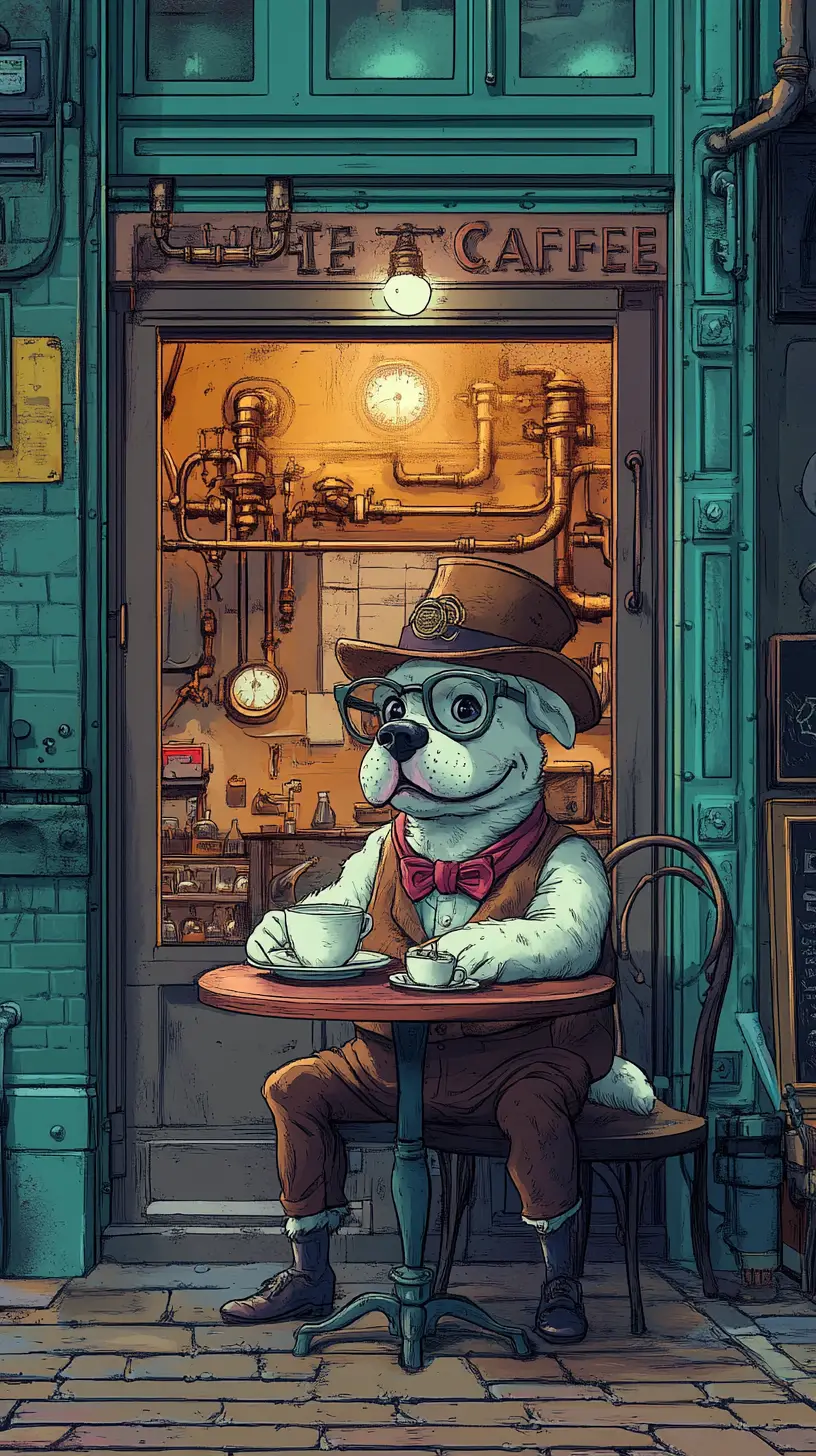 Whimsical Dog In Bowler Hat At Colorful Comic Cafe