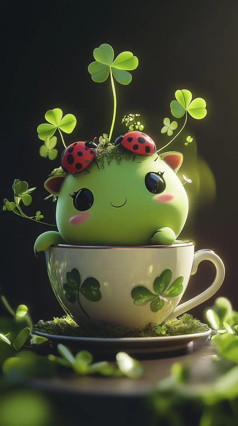 Cute green cartoon animal sitting in clover teacup
