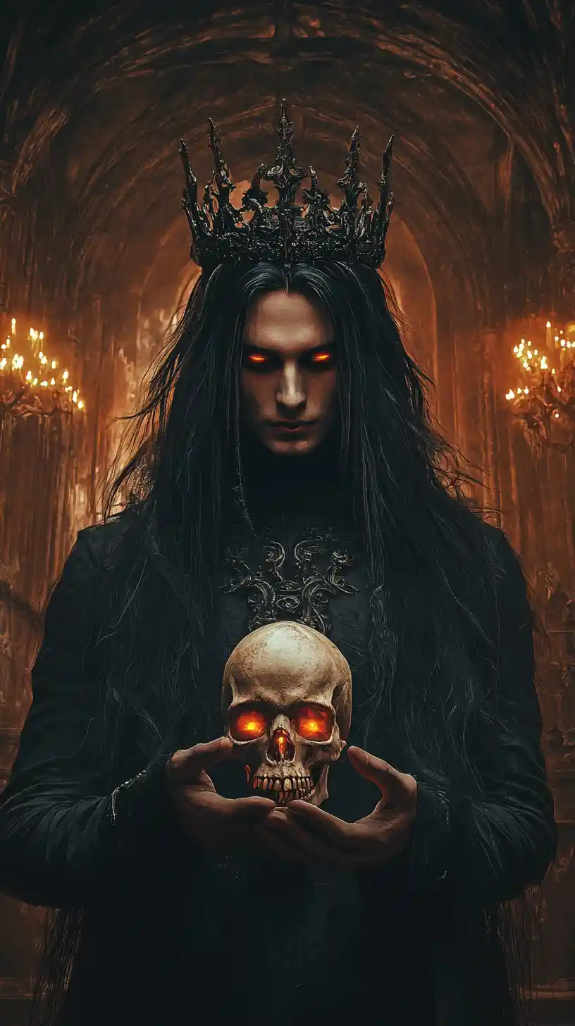 Dark prince holding a flaming eyed skull in gothic hall