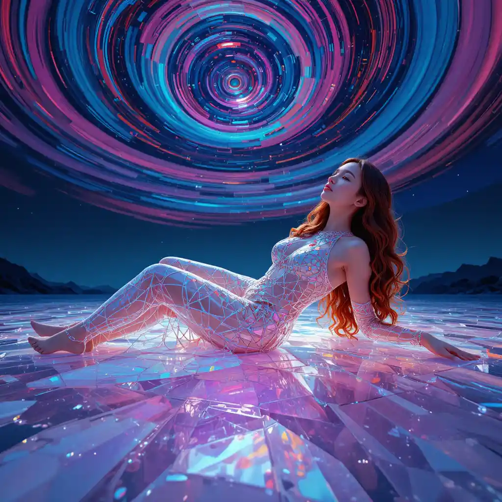 Korean woman in crystal prism gown on glowing quartz plain
