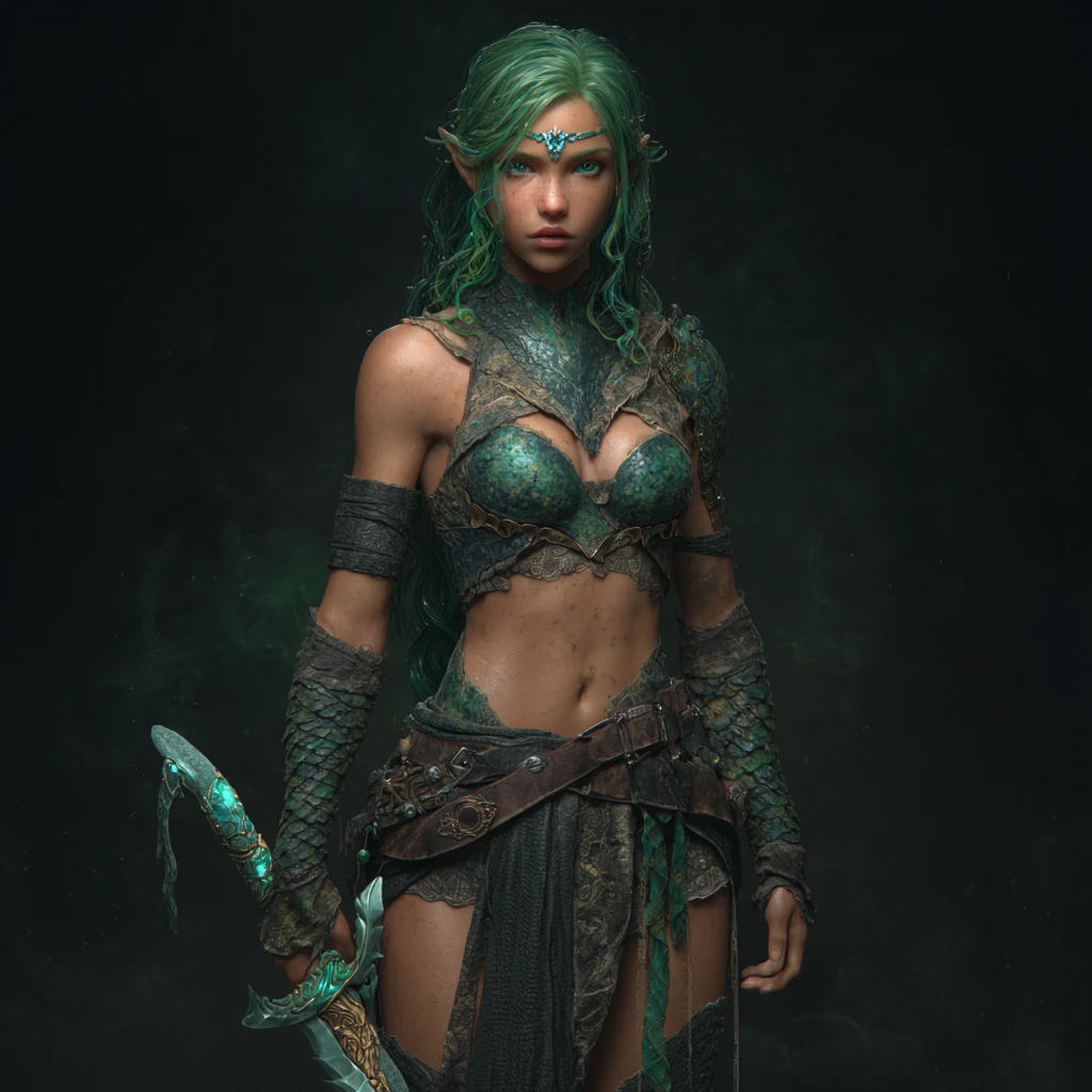 Sea elf sorceress with emerald eyes and green hair