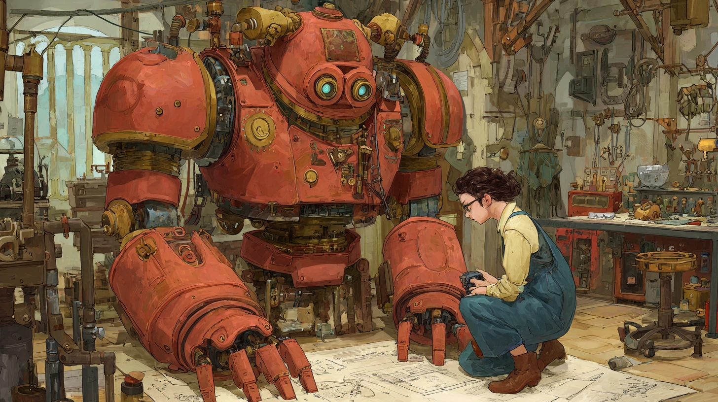 Steampunk robot and lab assistant in cluttered inventor workshop