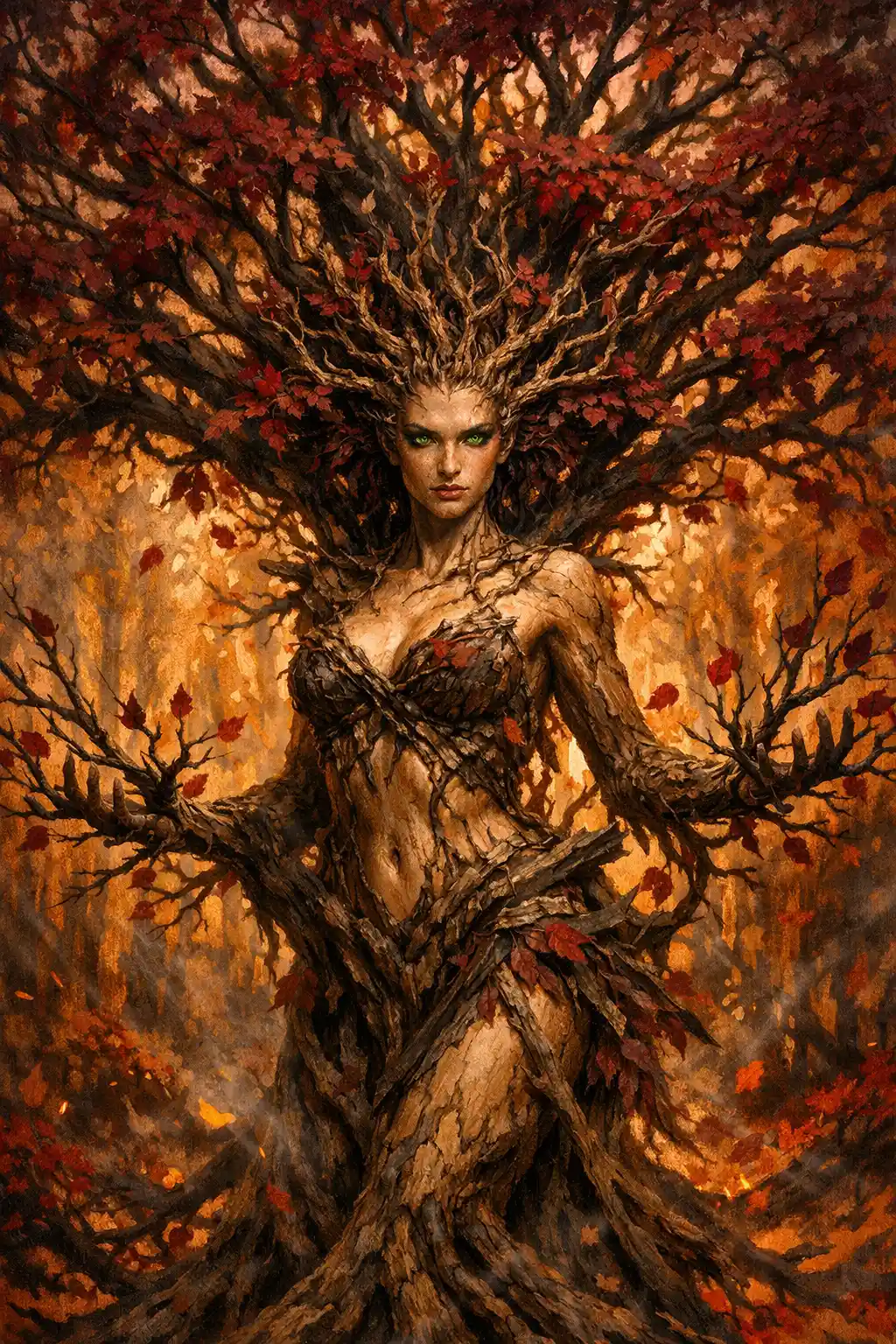 Dryad woman fused with a tree of life in autumn forest