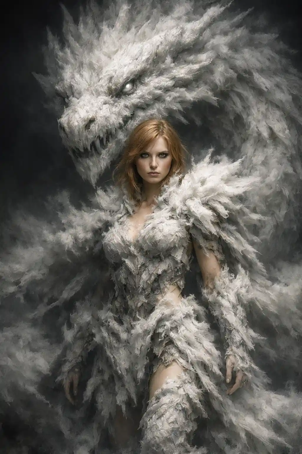 Woman fused with a serpent like dragon in swirling white armor