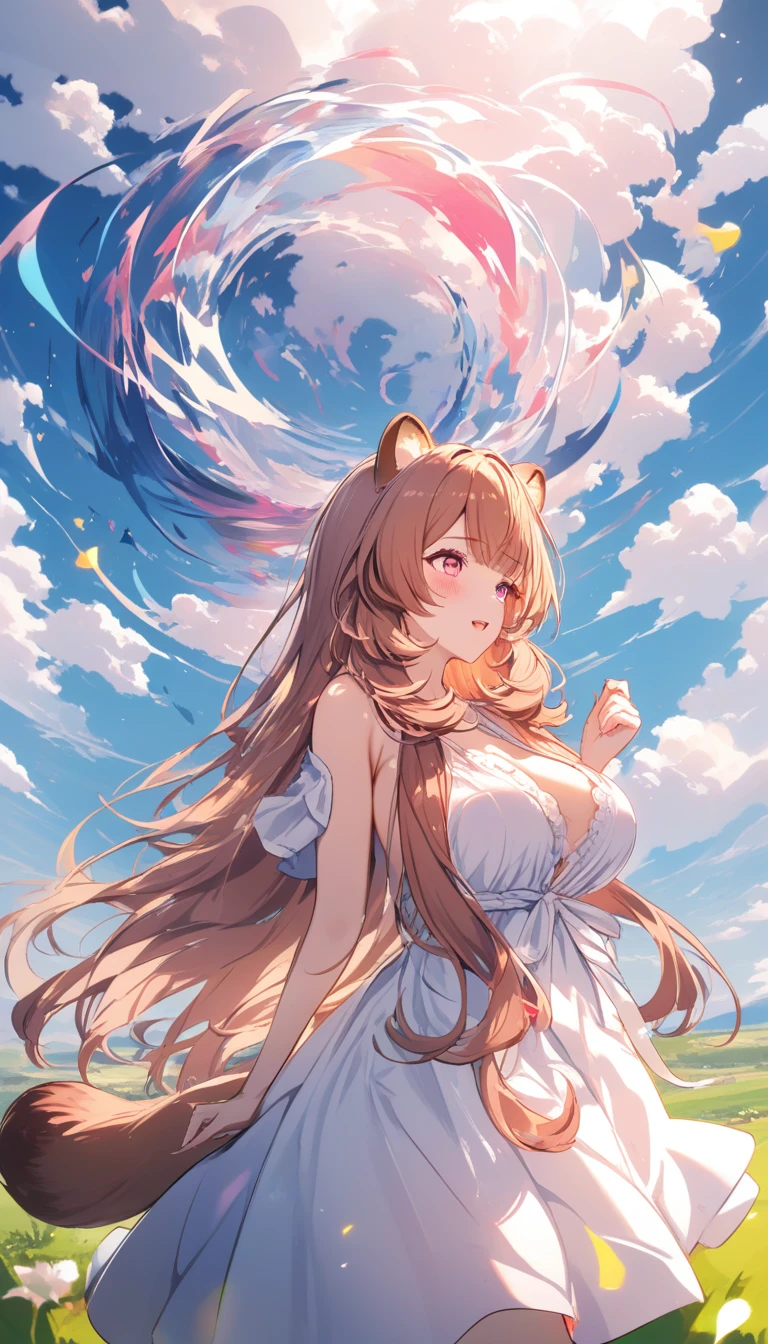 Anime-Waschbärenmädchen im transparenten Kleid vor blauem Himmel