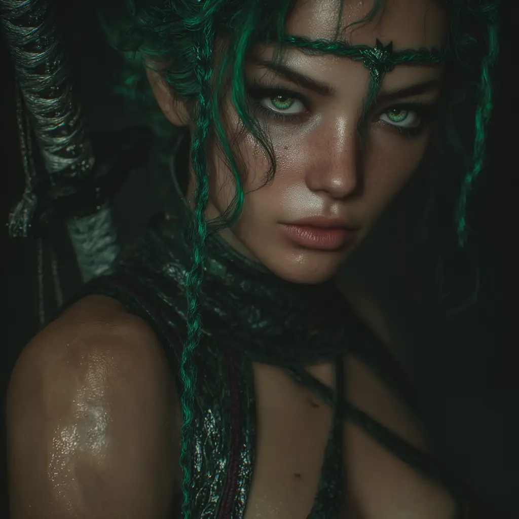 Sea elf sorceress with emerald eyes and enchanted dagger