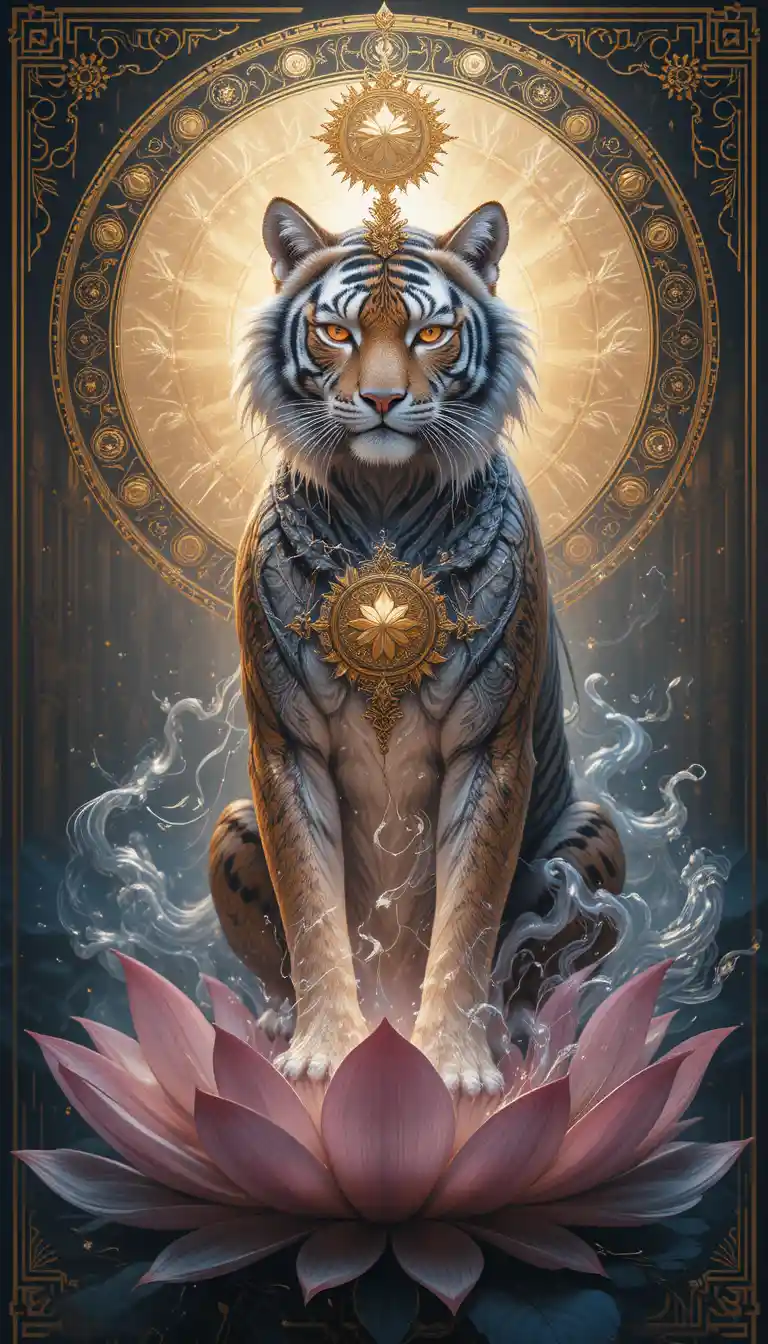 Mystical tiger spirit resting on a glowing lotus flower